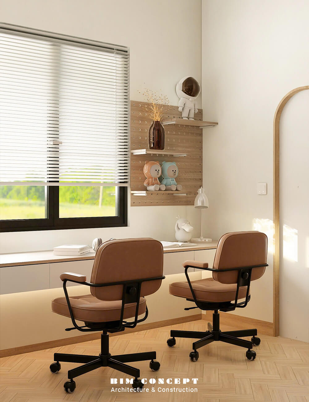 Bàn học rộng rãi cạnh cửa sổ