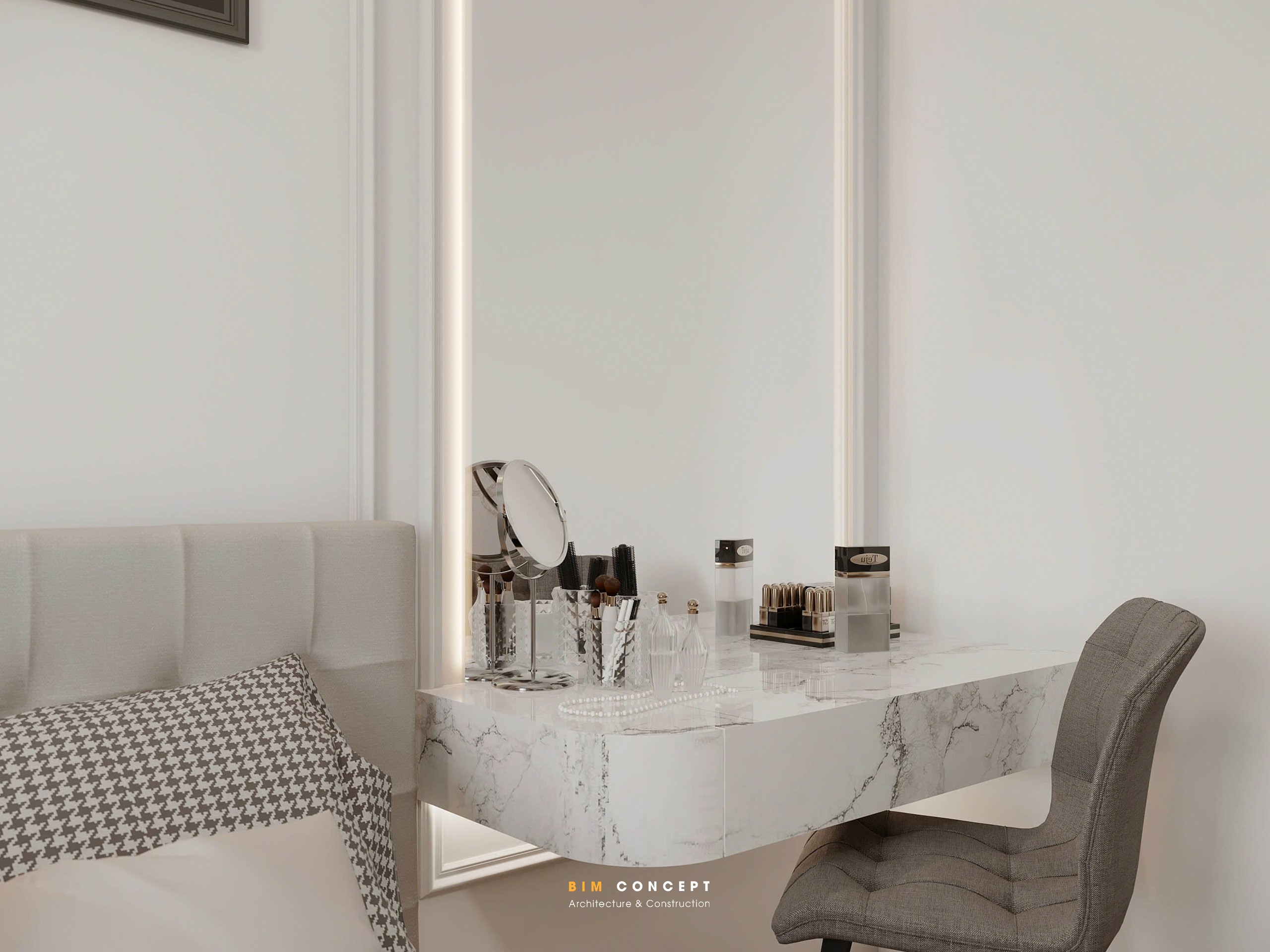Bàn trang điểm marble tinh tế trong phòng ngủ