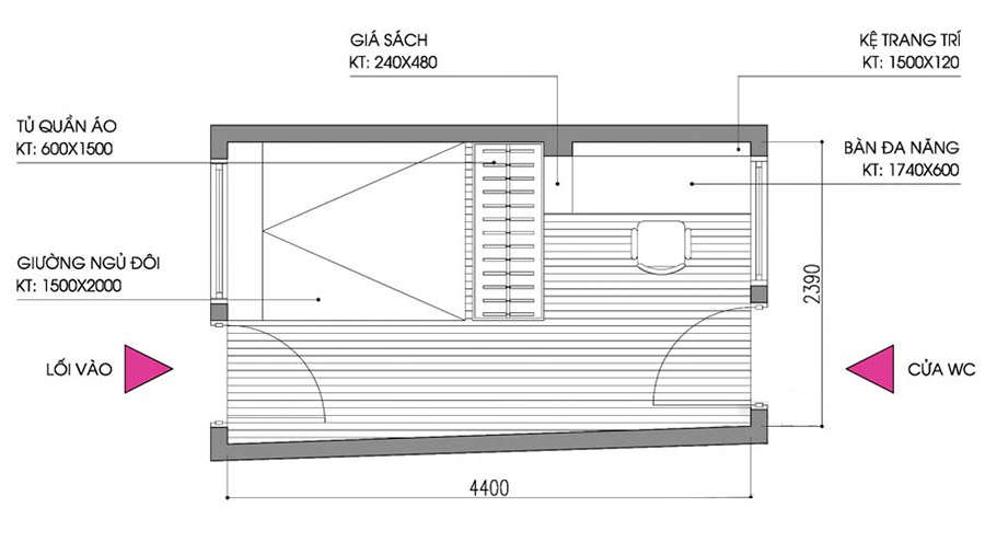 Bản vẽ bố trí phòng ngủ 10m2 kết cấu hình chữ nhật.