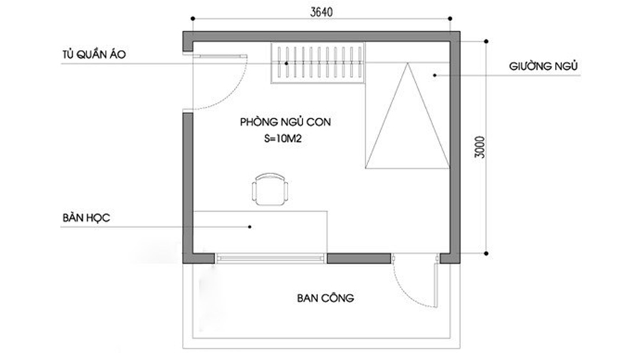 Bản vẽ bố trí phòng ngủ 10m2 nội thất đơn giản.