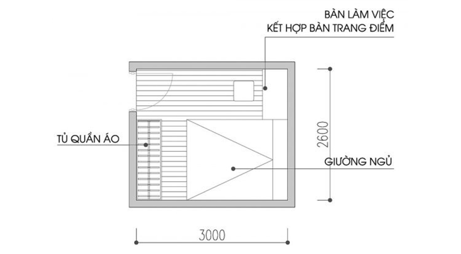 Bản vẽ bố trí phòng ngủ 10m2 với nội thất liền kề.