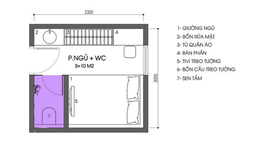 Bản vẽ bố trí phòng ngủ 10m2 tích hợp khu vực WC.