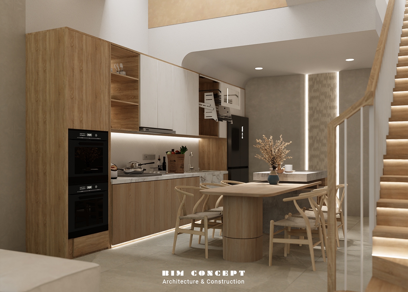 Bếp hiện đại liên thông liền mạch khu vực ăn