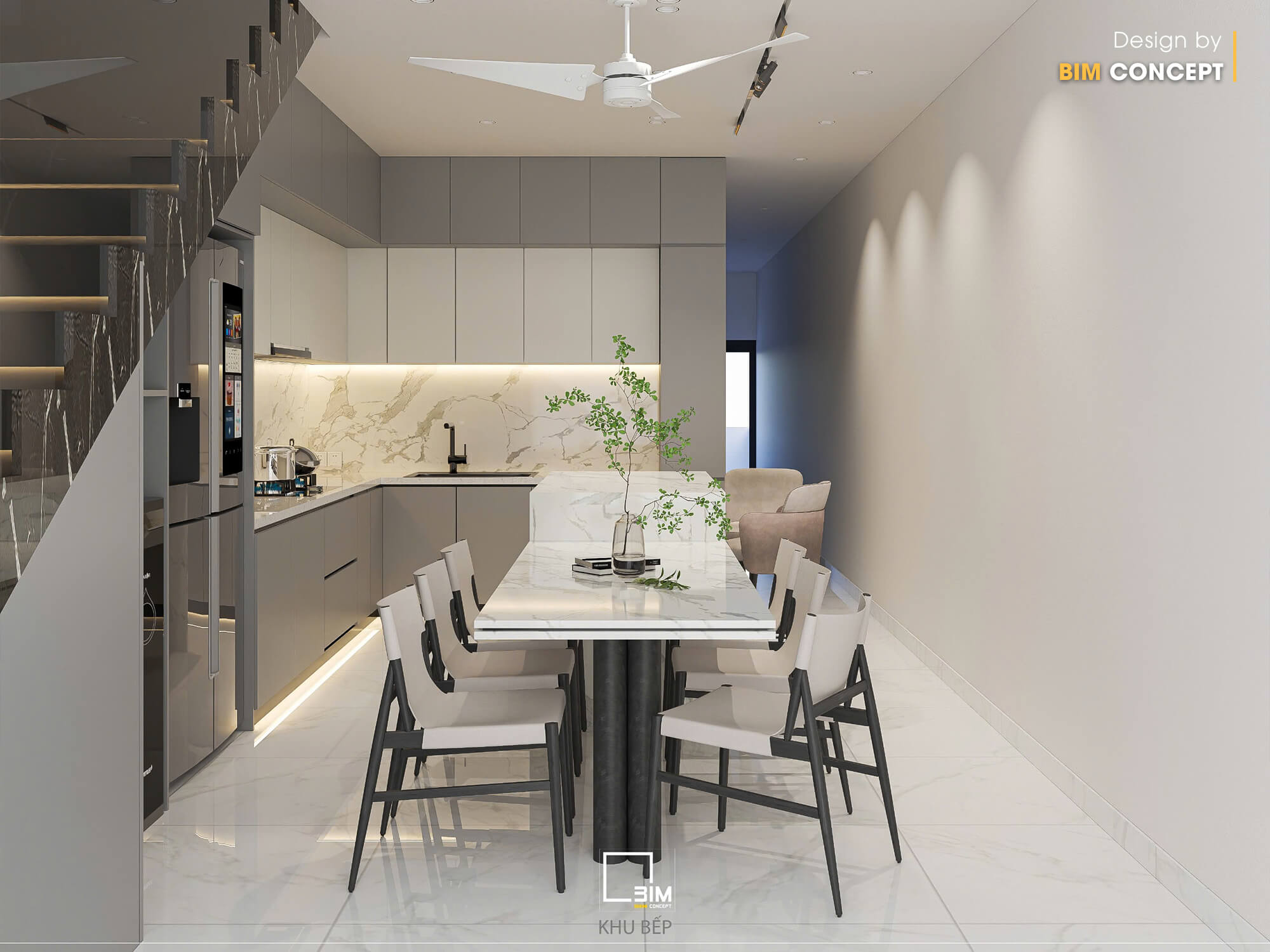 Bếp hiện đại liên thông liền mạch khu vực ăn