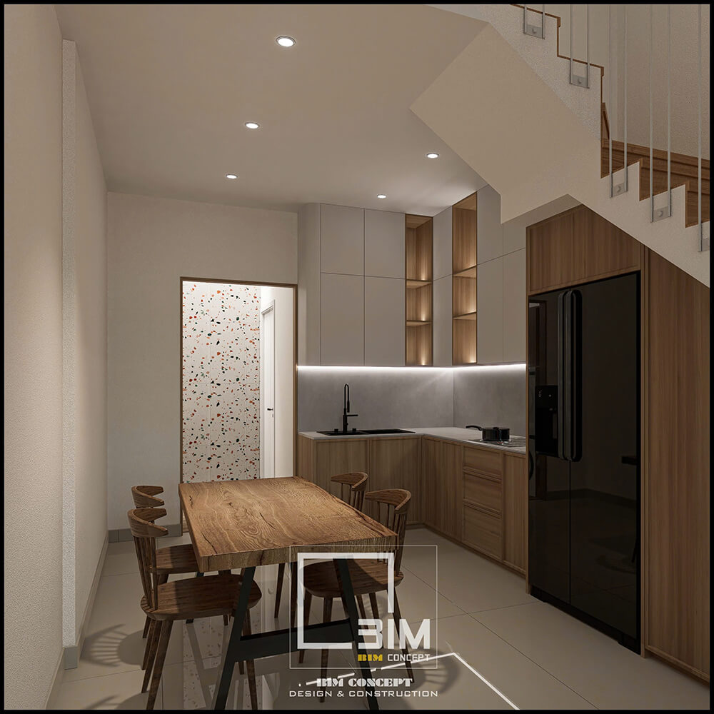 Bếp và bàn ăn gỗ tự nhiên, không gian mở.