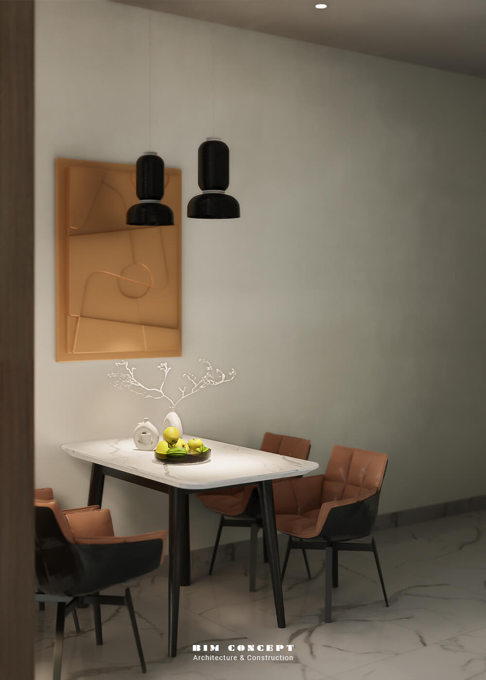 Bộ bàn ăn 4 ghế đặt sát tường giúp gia chủ di chuyển thuận tiện