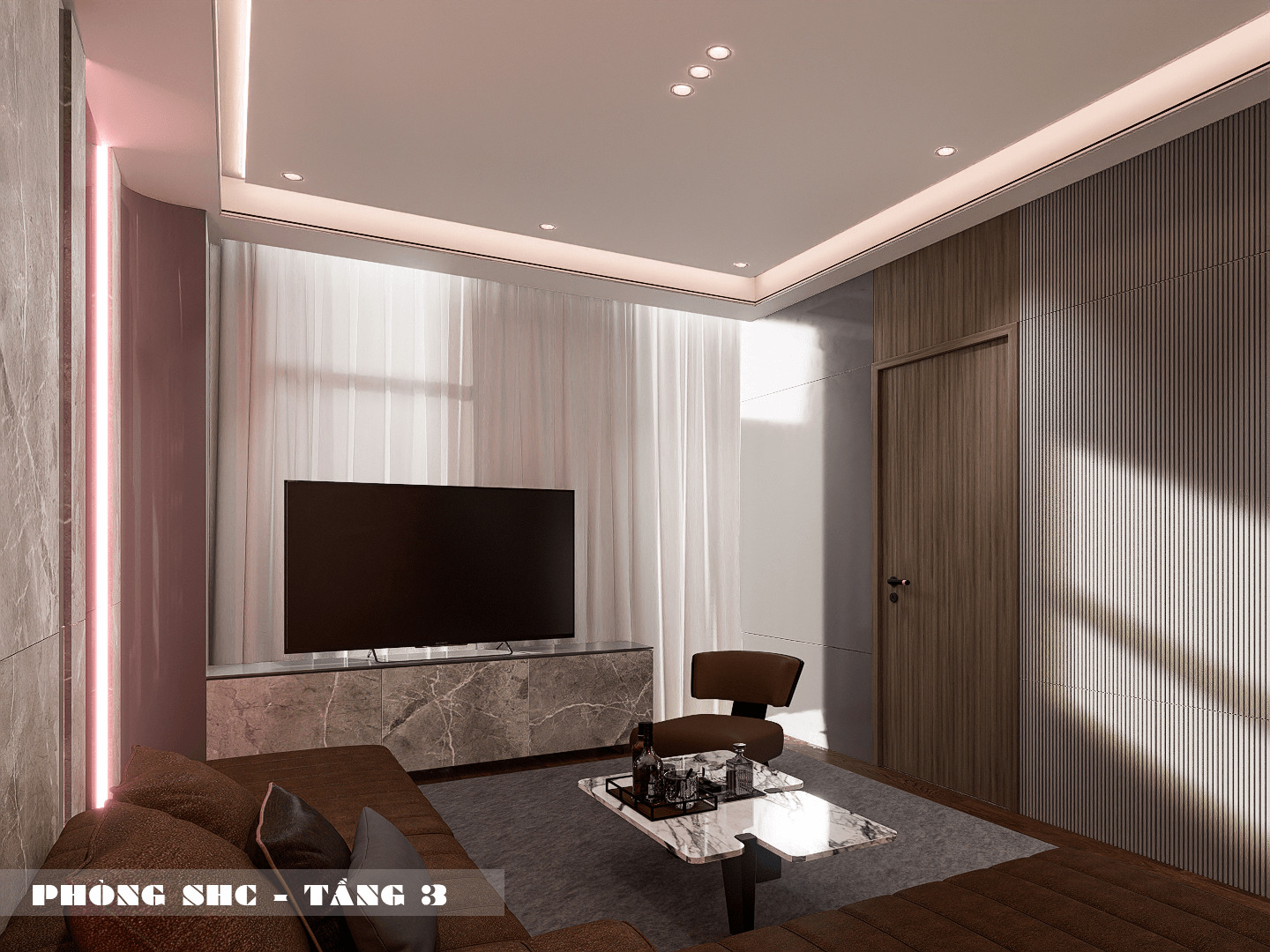 Bộ sofa màu nâu trầm trong không gian SHC