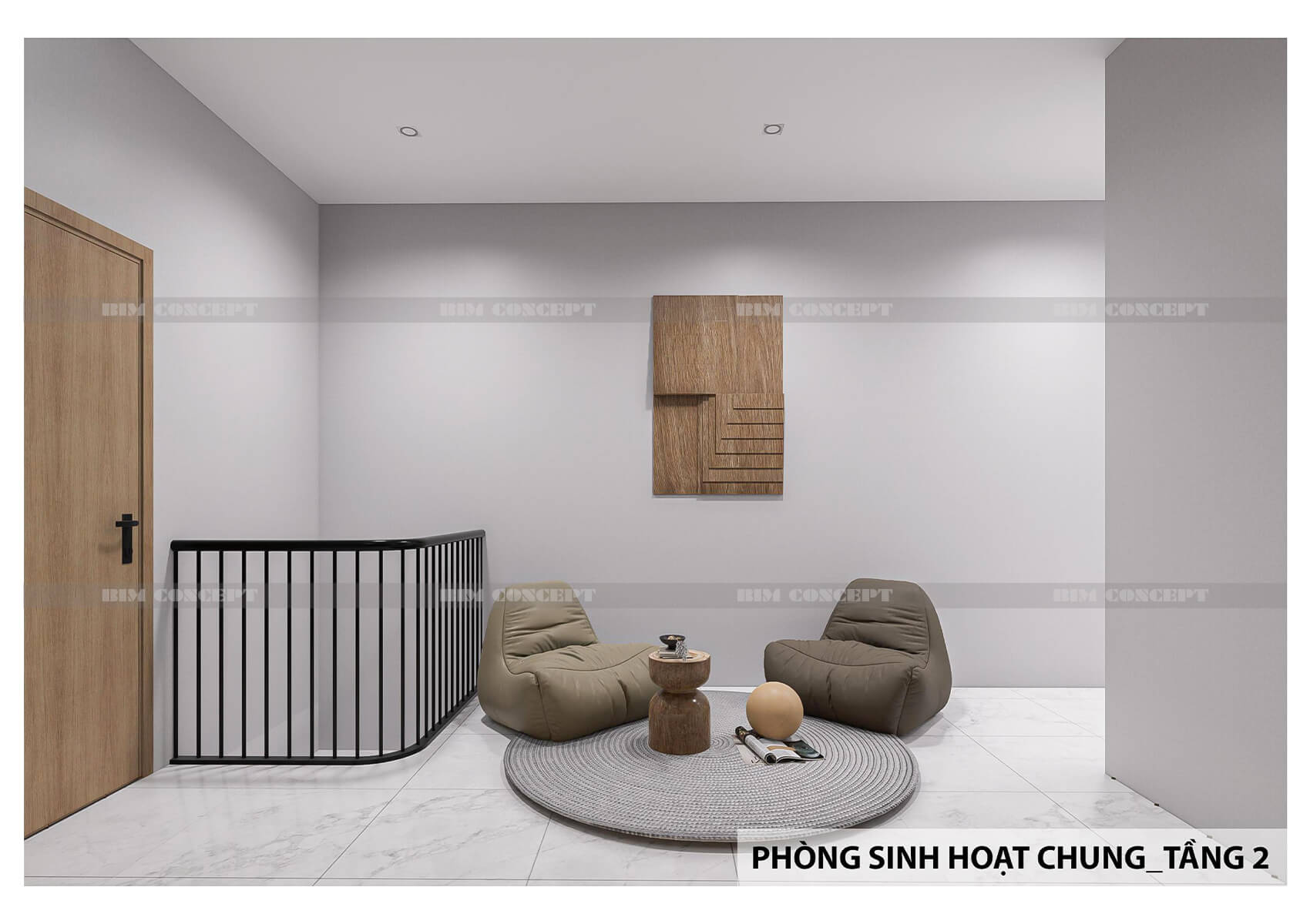 Bố trí ghế lười và bàn tròn trên nền thảm dệt đơn giản.