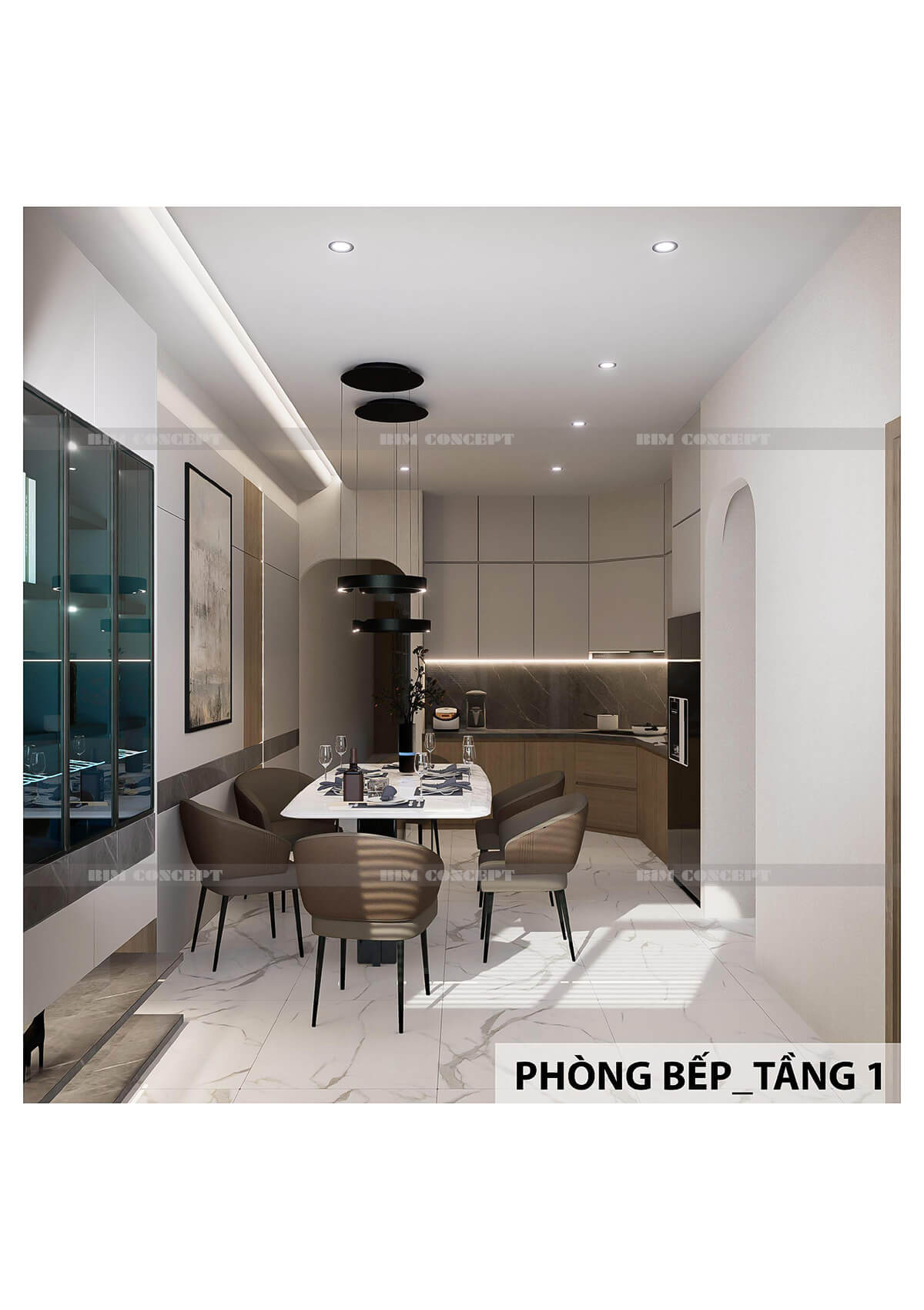 Bố trí không gian bếp liền mạch, hiện đại và tối ưu diện tích.