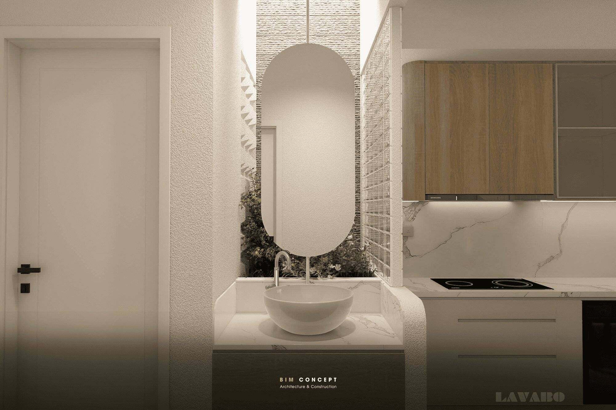 Bố trí lavabo nối liền tủ bếp, tách 2 khu vực bằng vách gạch kính