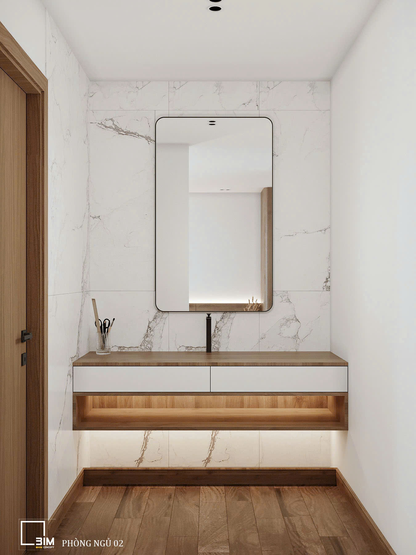 Bố trí lavabo và gương trang điểm trước phòng vệ sinh của phòng ngủ