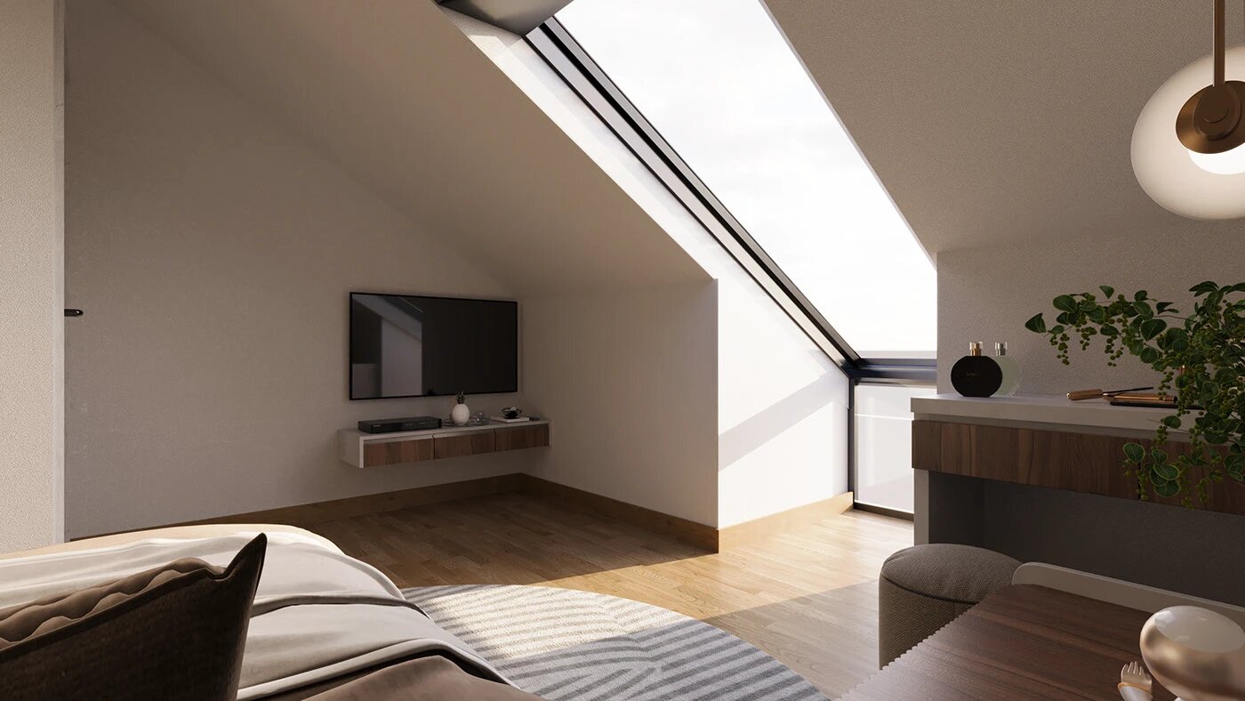 Bố trí nội thất phòng ngủ 12m2 hiện đại cho tầng áp mái