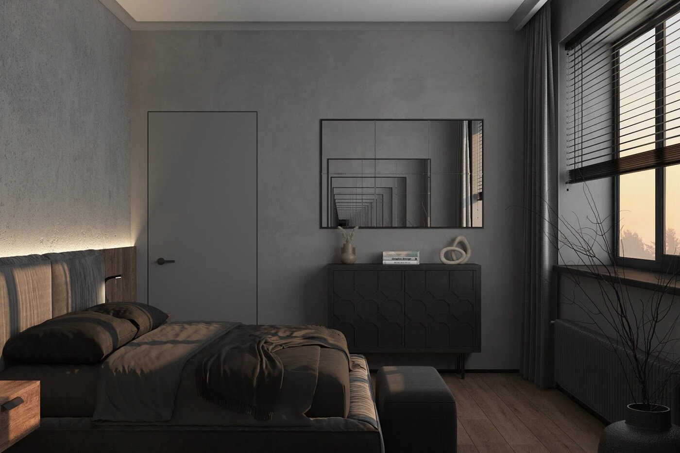 Sử dụng gam màu xám tinh tế khi decor phòng ngủ 12m2