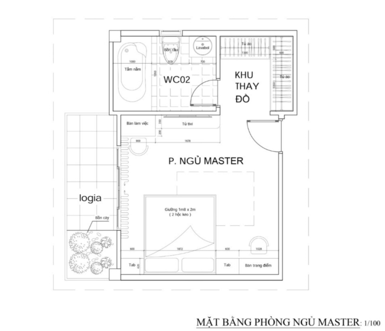 Bản vẽ mặt bằng cách bố trí phòng ngủ 12m2