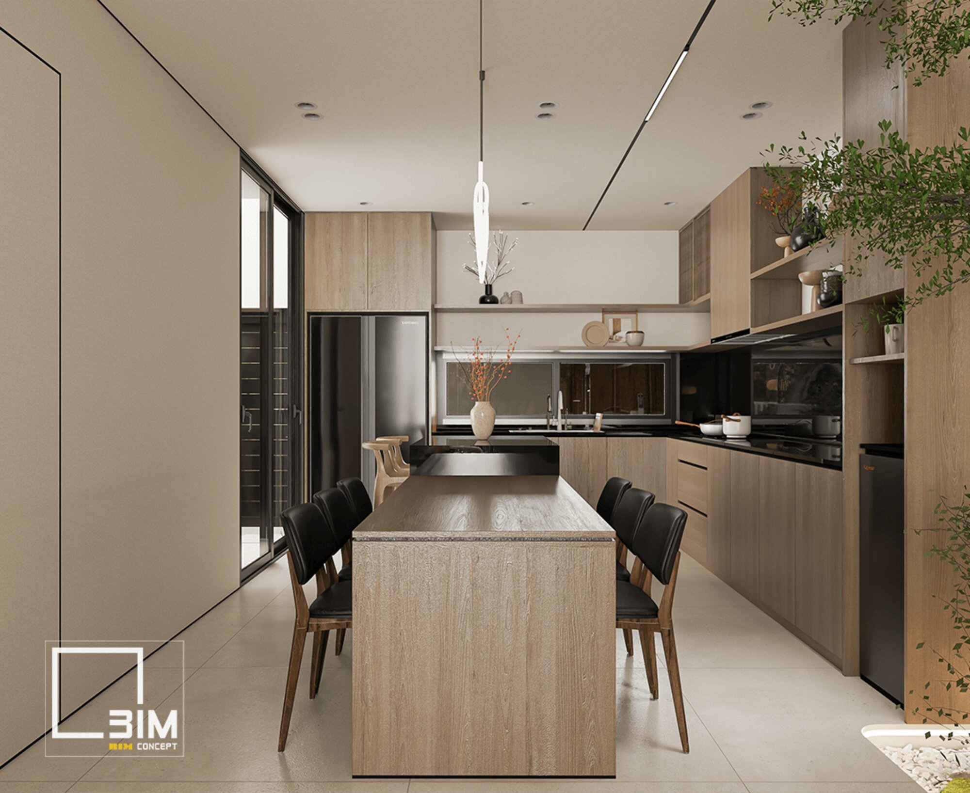 Bố trí tủ bếp tiện nghi cho nhà phố 3 tầng hiện đại