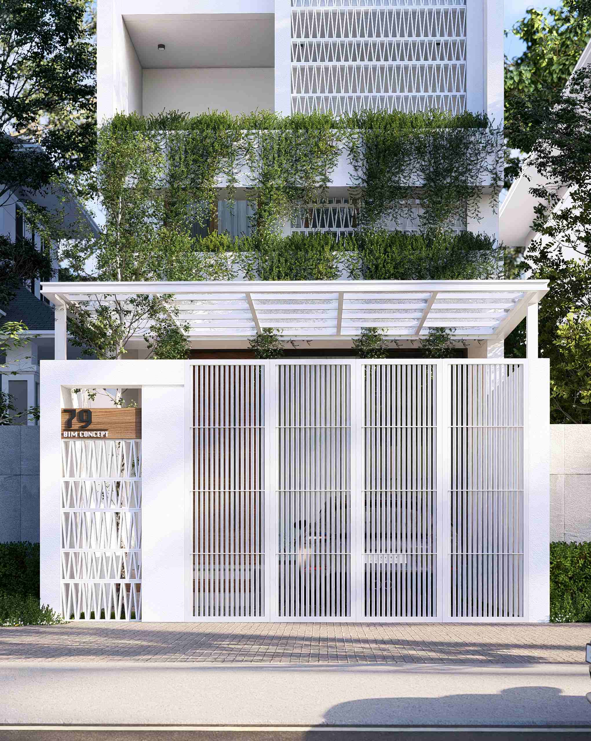 Cổng nhà phố hiện đại, thiết kế độc đáo với nan dọc và nan chéo.