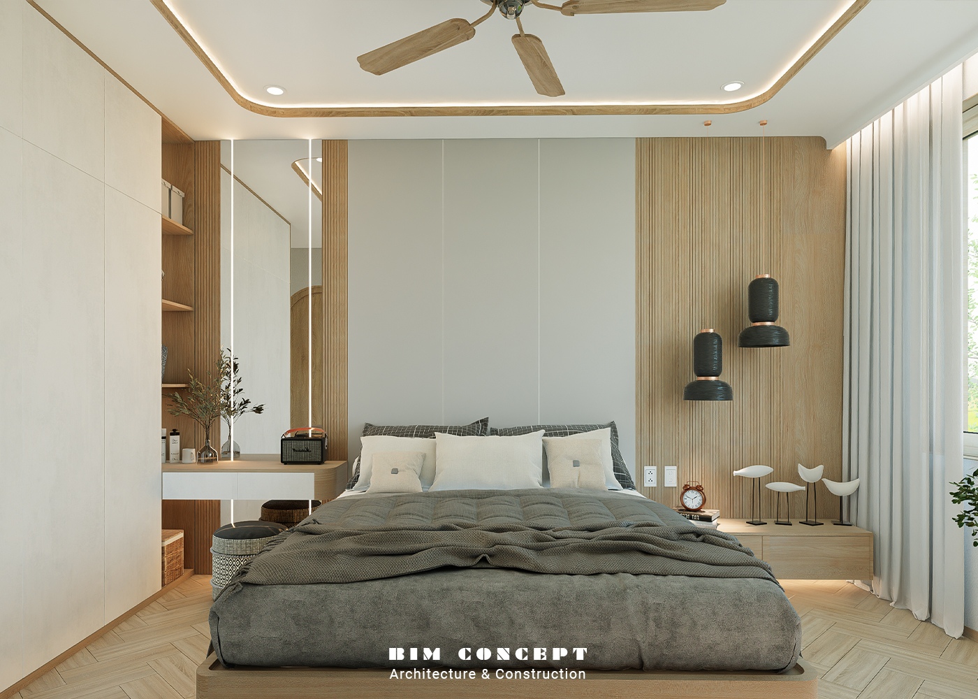 Giường ngủ sang trọng đầu giường ốp gỗ