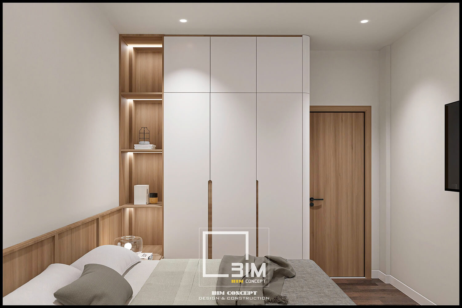 Giường ngủ tiện nghi, tủ quần áo kết hợp kệ trang trí.