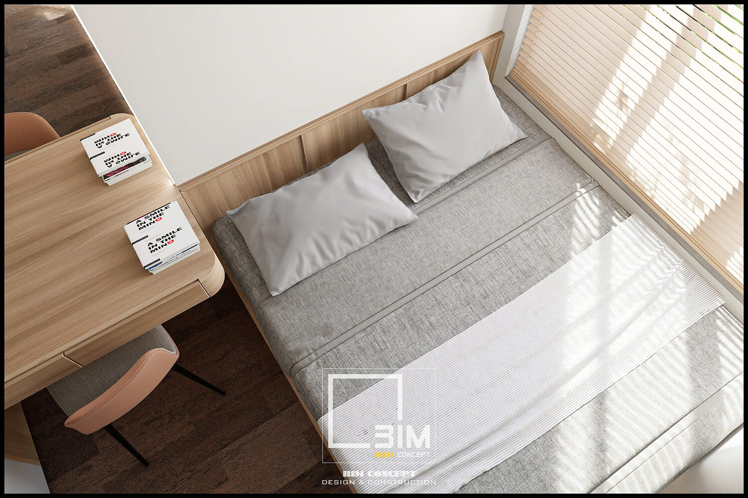 Giường ngủ tối giản, bàn làm việc liền mạch.