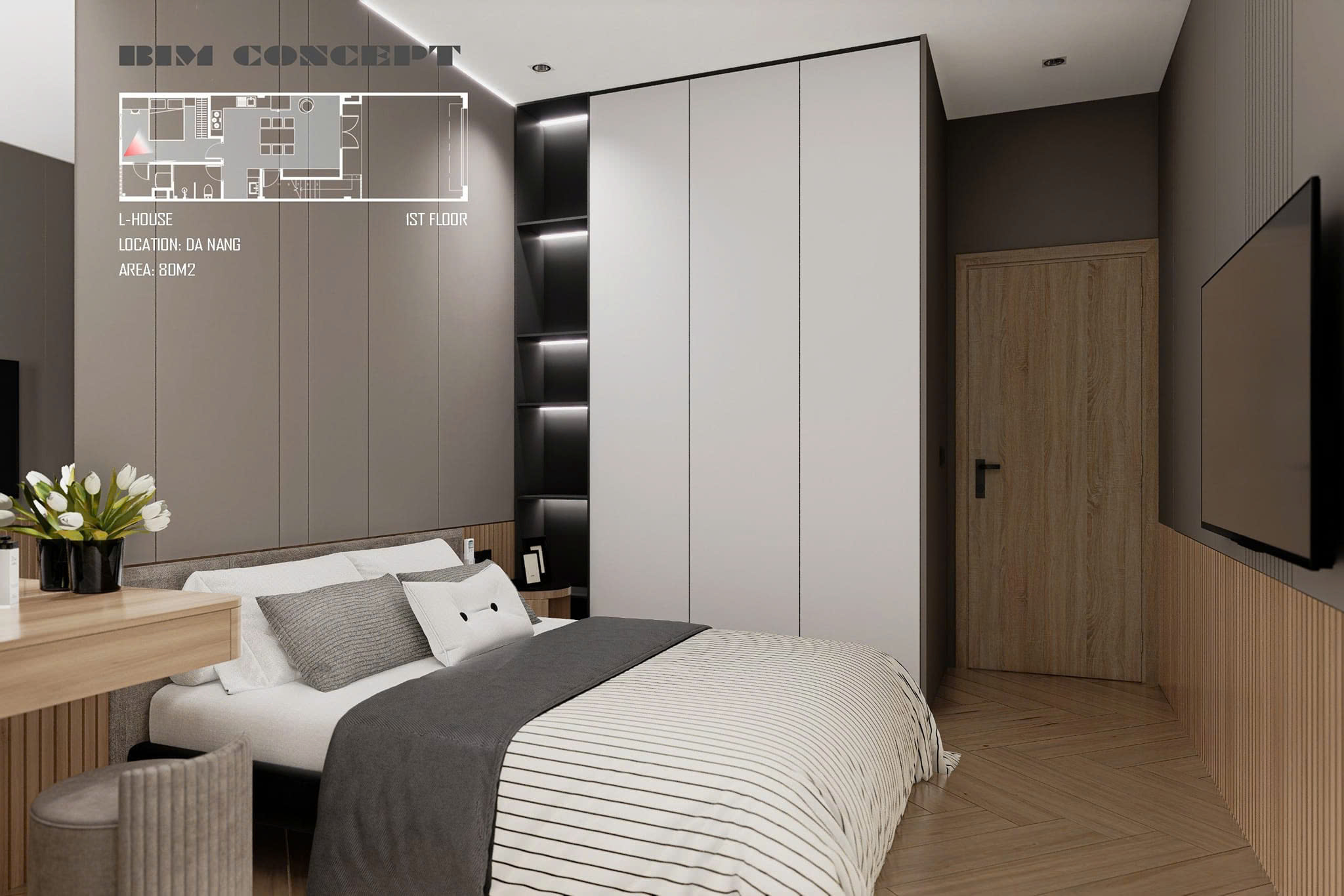 Góc làm việc kết hợp tủ đồ âm tường rất thông minh