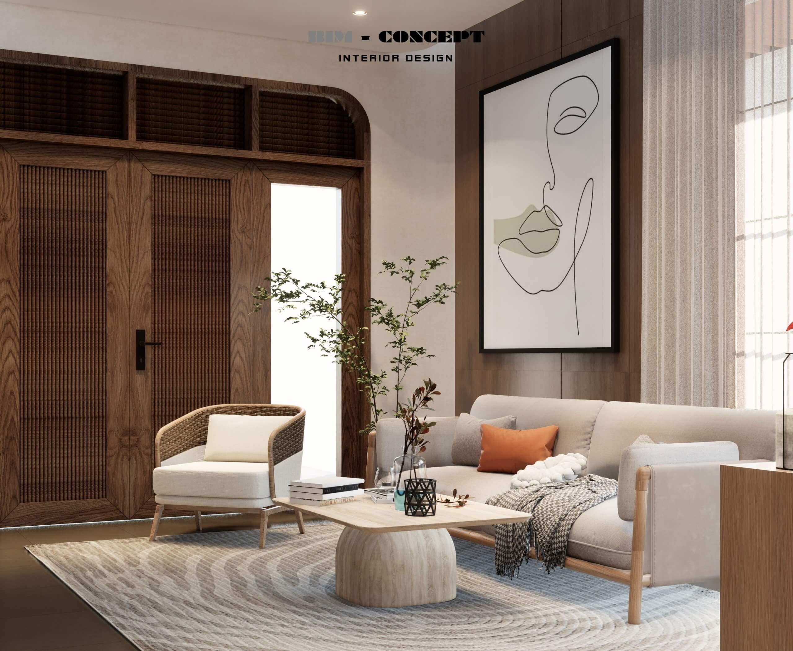Góc nhìn tổng thể phòng khách với sofa, bàn trà và tranh trang trí.