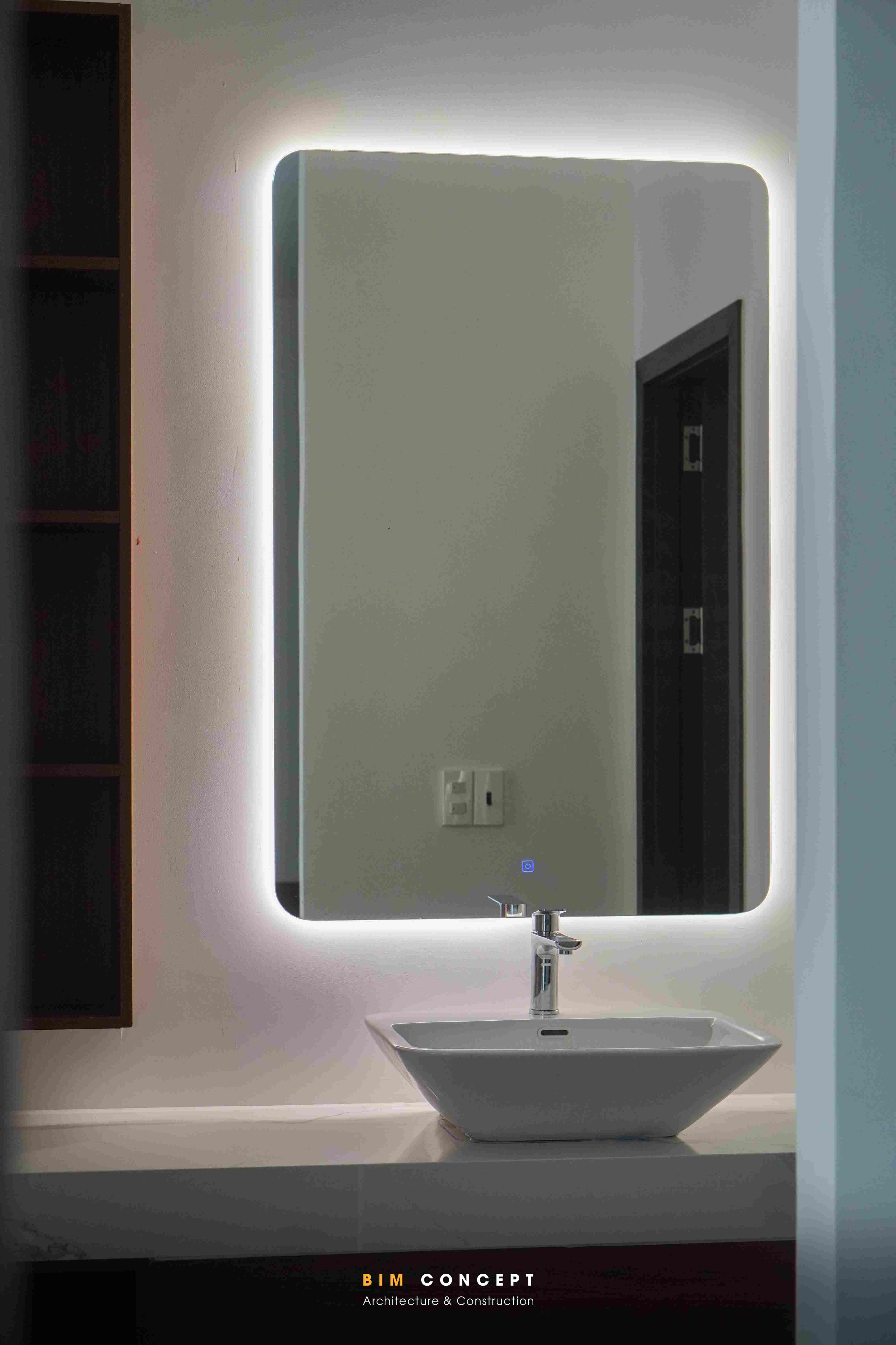 Gương đèn LED, chậu rửa đặt bàn, nội thất phòng tắm.
