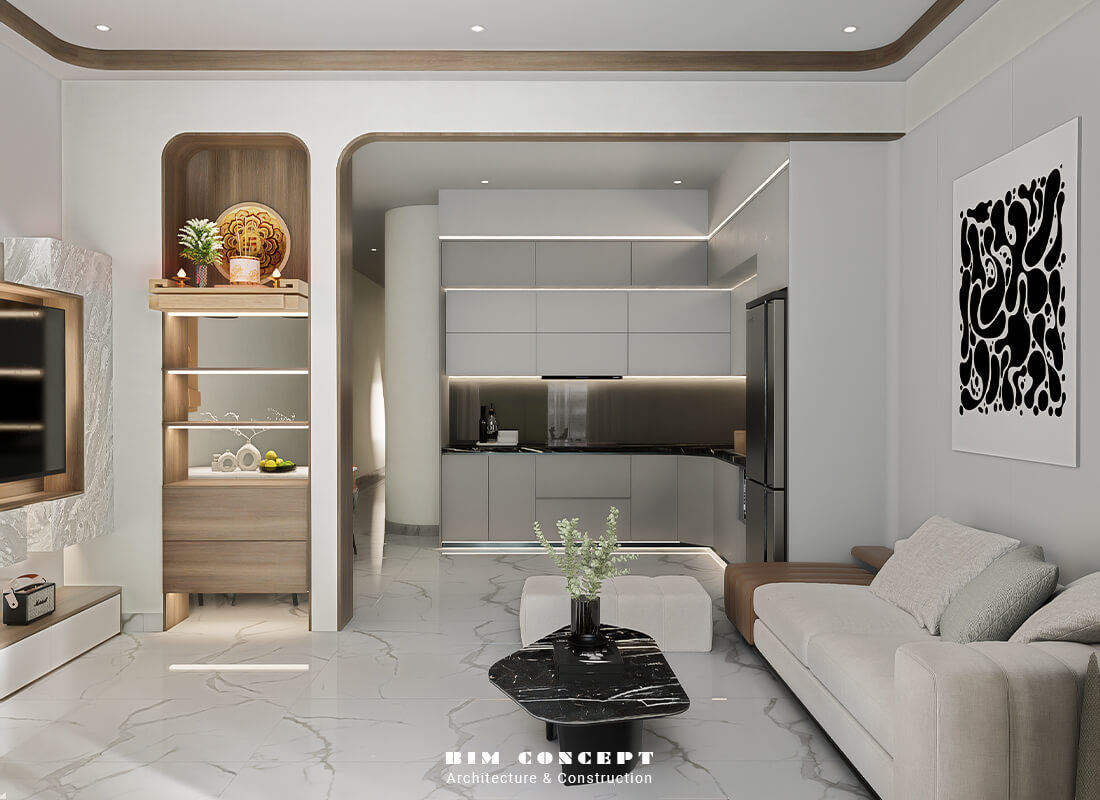 Không gian mở liền kề bếp nhà cấp 4