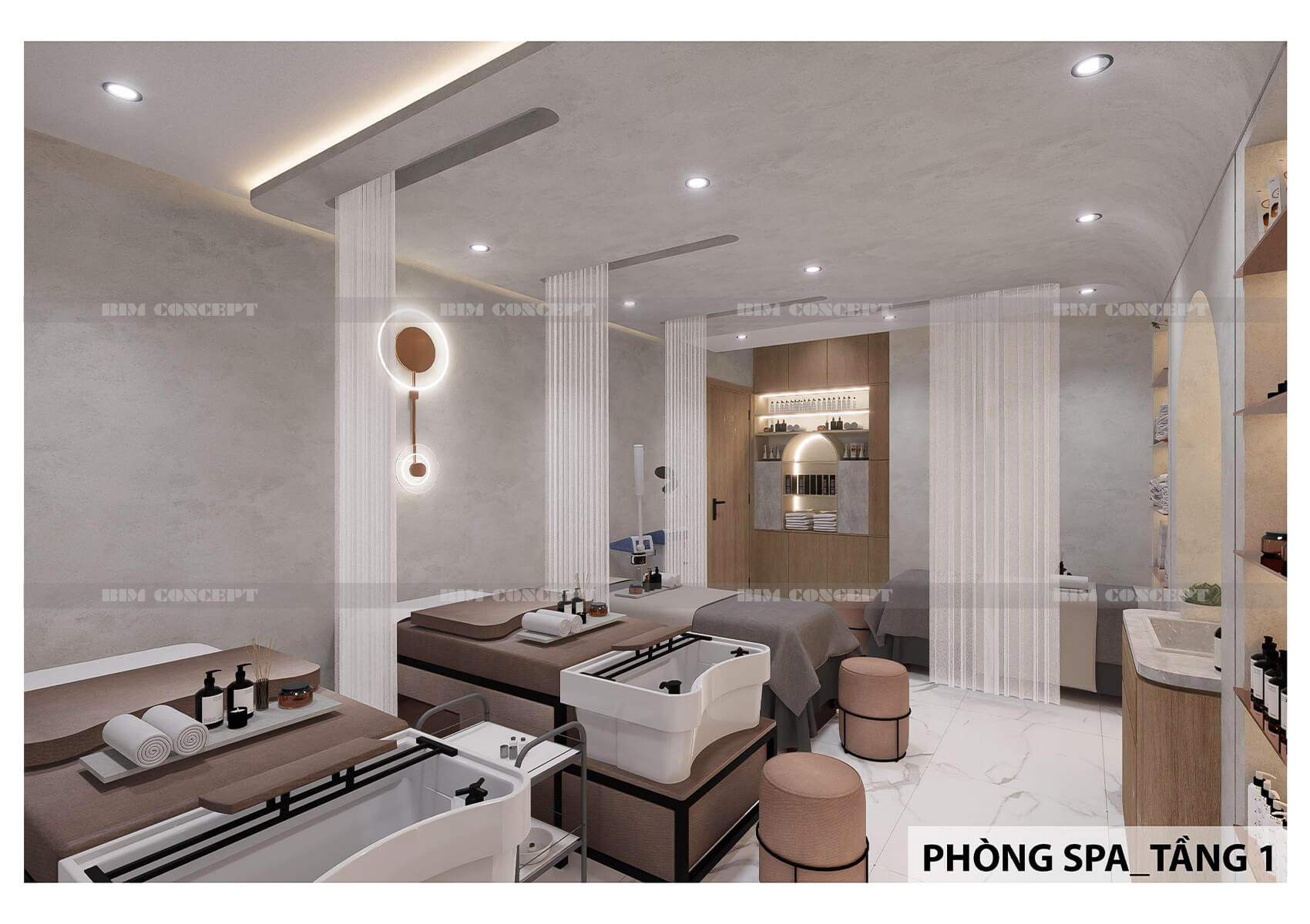 Không gian spa bố trí khoa học, rèm ngăn tạo sự riêng tư.