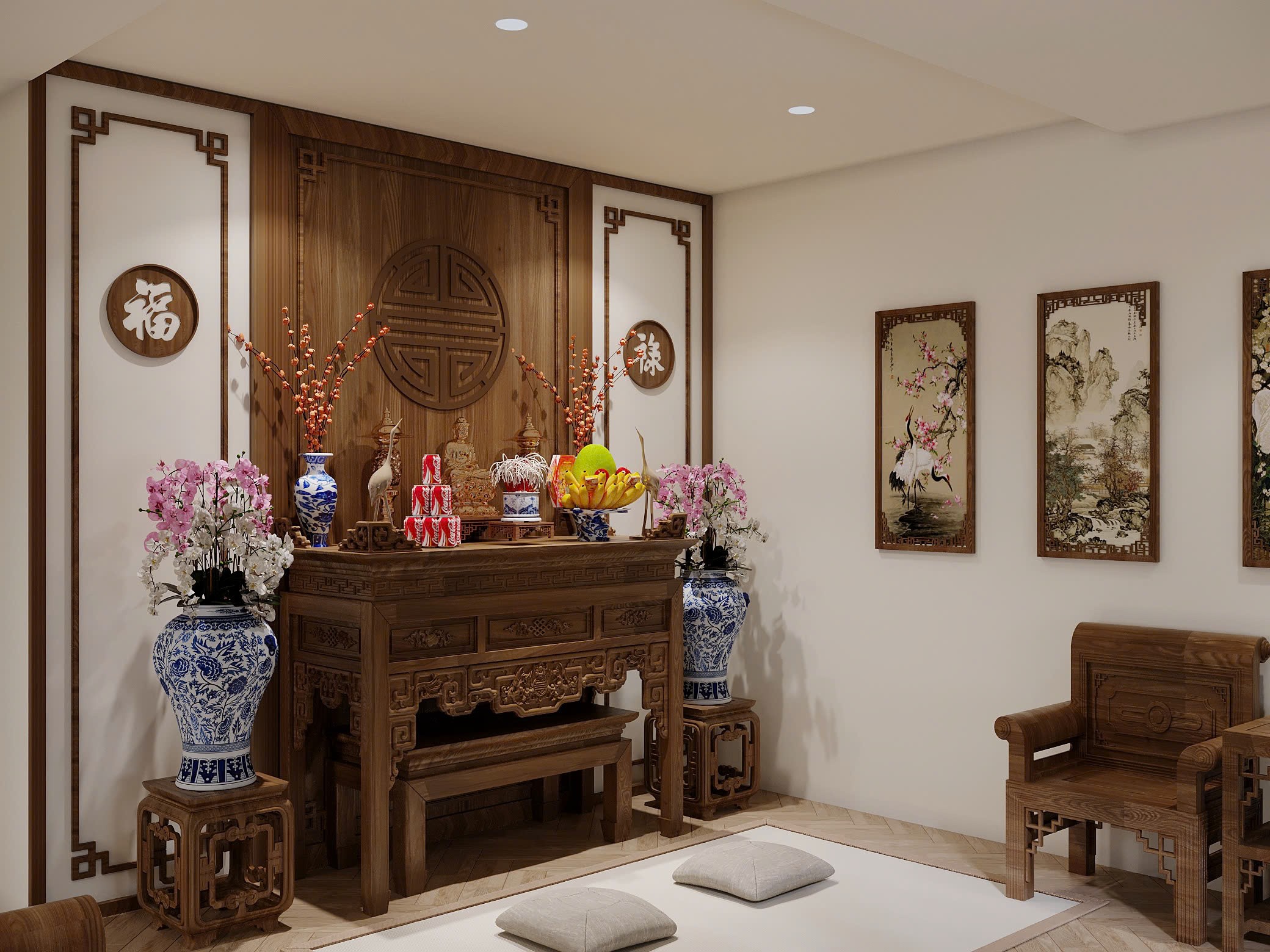Không gian tâm linh trang trọng, ấm cúng.