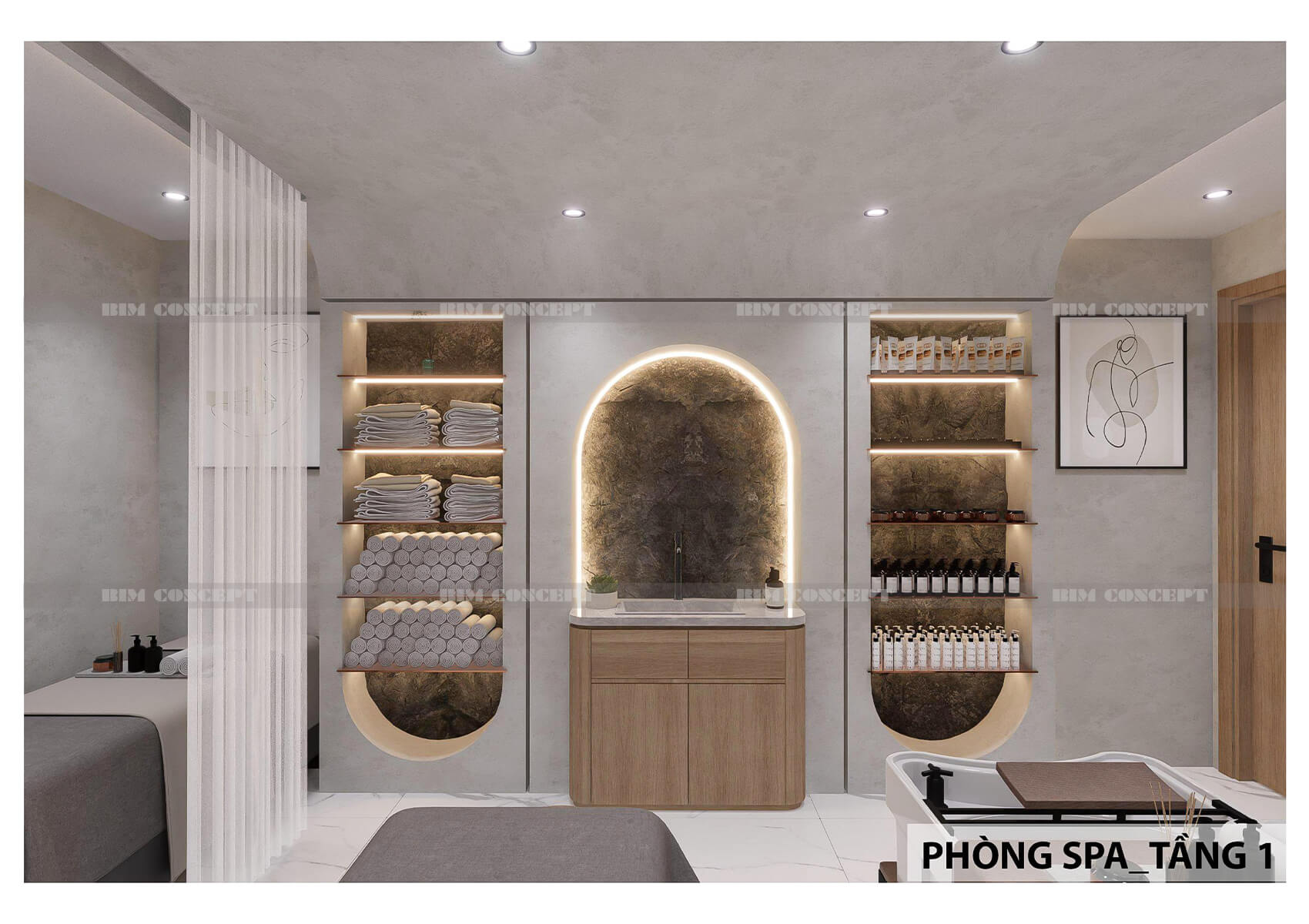 Khu trưng bày và lavabo được thiết kế tinh tế với kệ âm tường hình vòm.