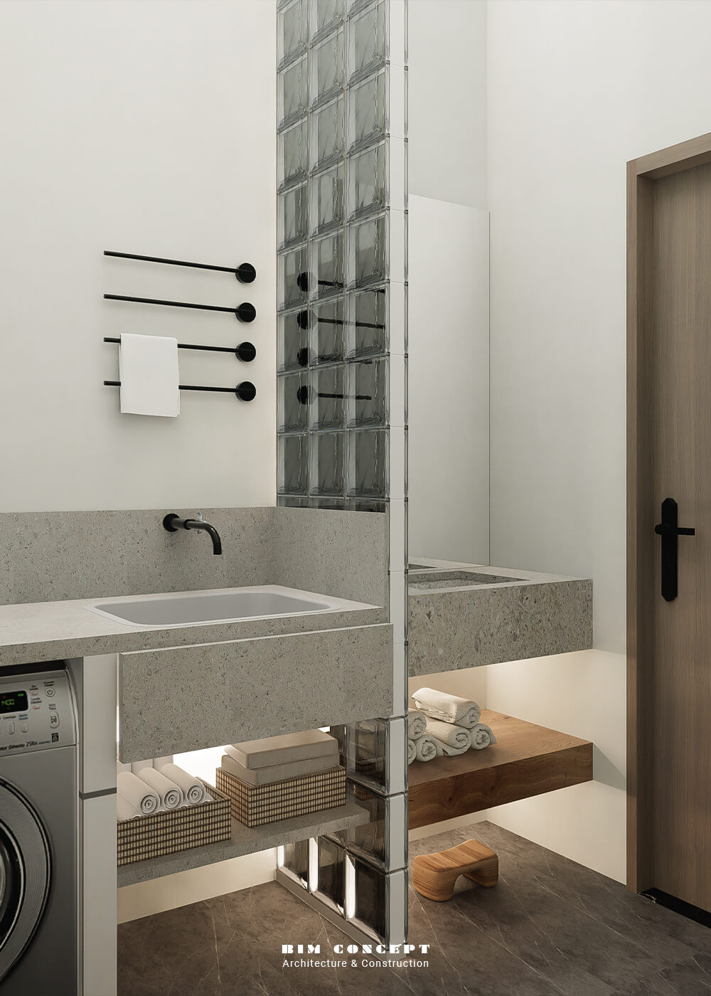 Lavabo đá mài tinh tế, vòi sen tắm đứng tiện nghi.