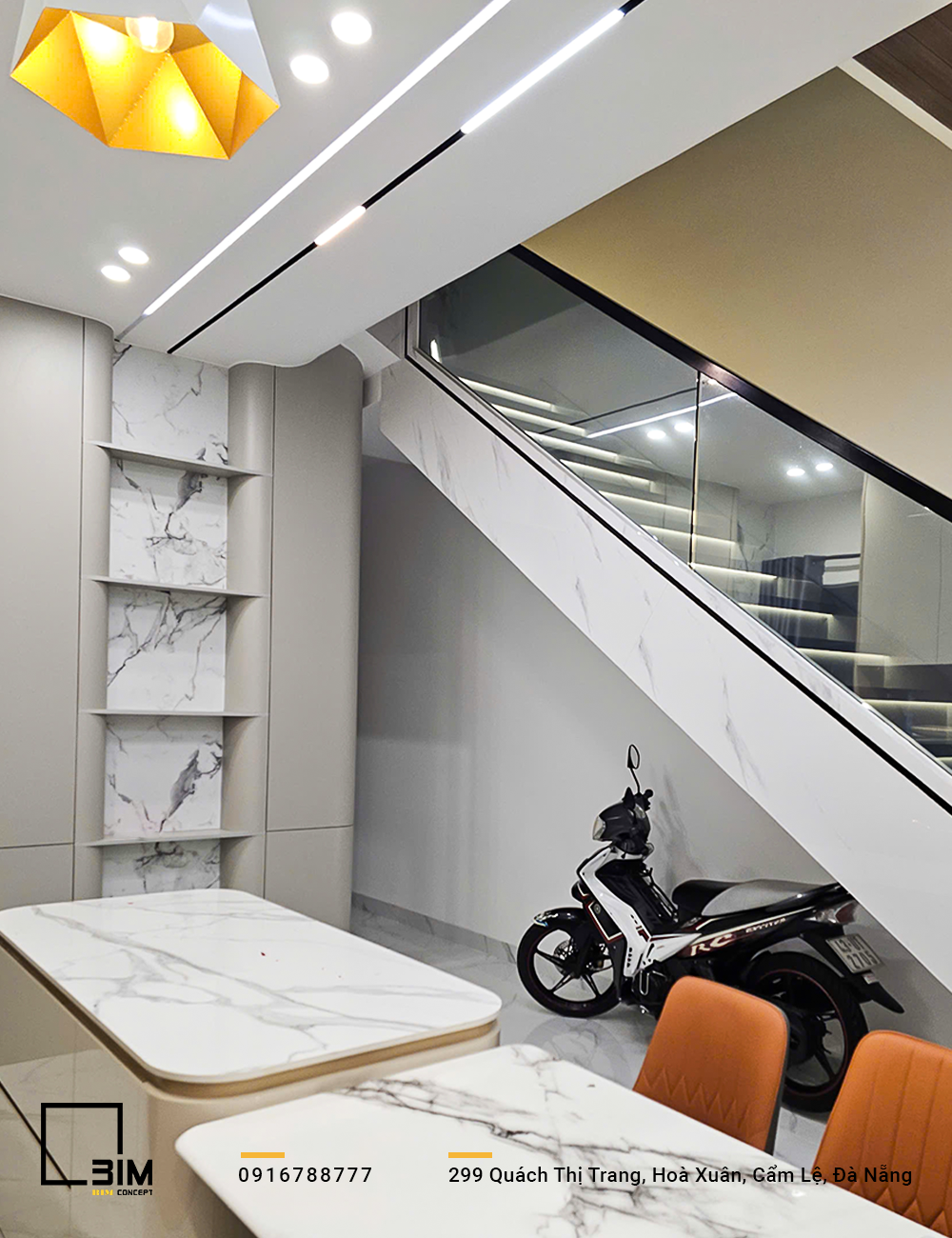Nội thất nhà phố 2 tầng, bàn ăn đá, kệ trang trí, cầu thang hiện đại