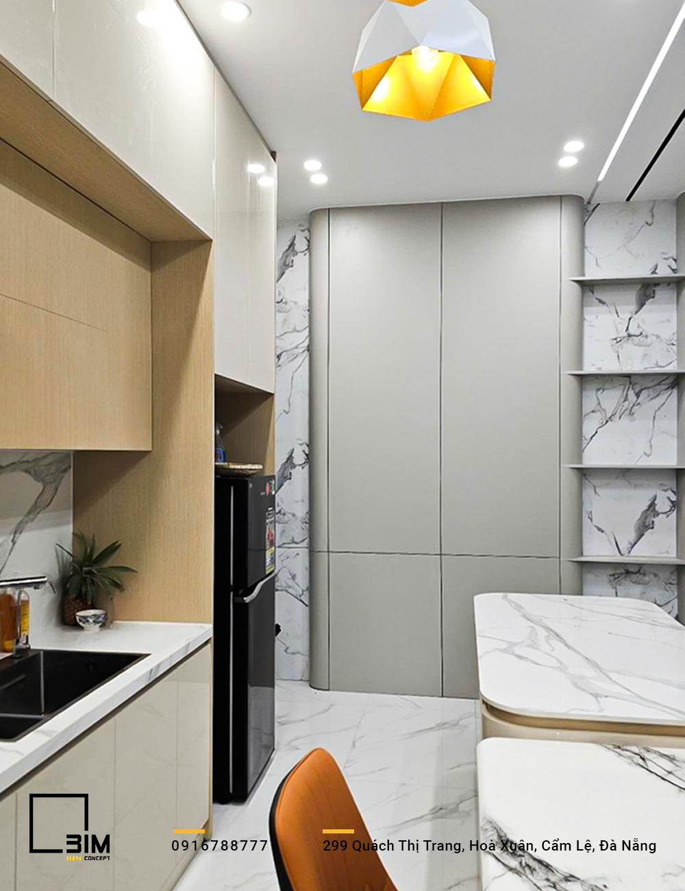 Nội thất nhà phố 2 tầng với khu vực bếp hiện đại với đảo bếp