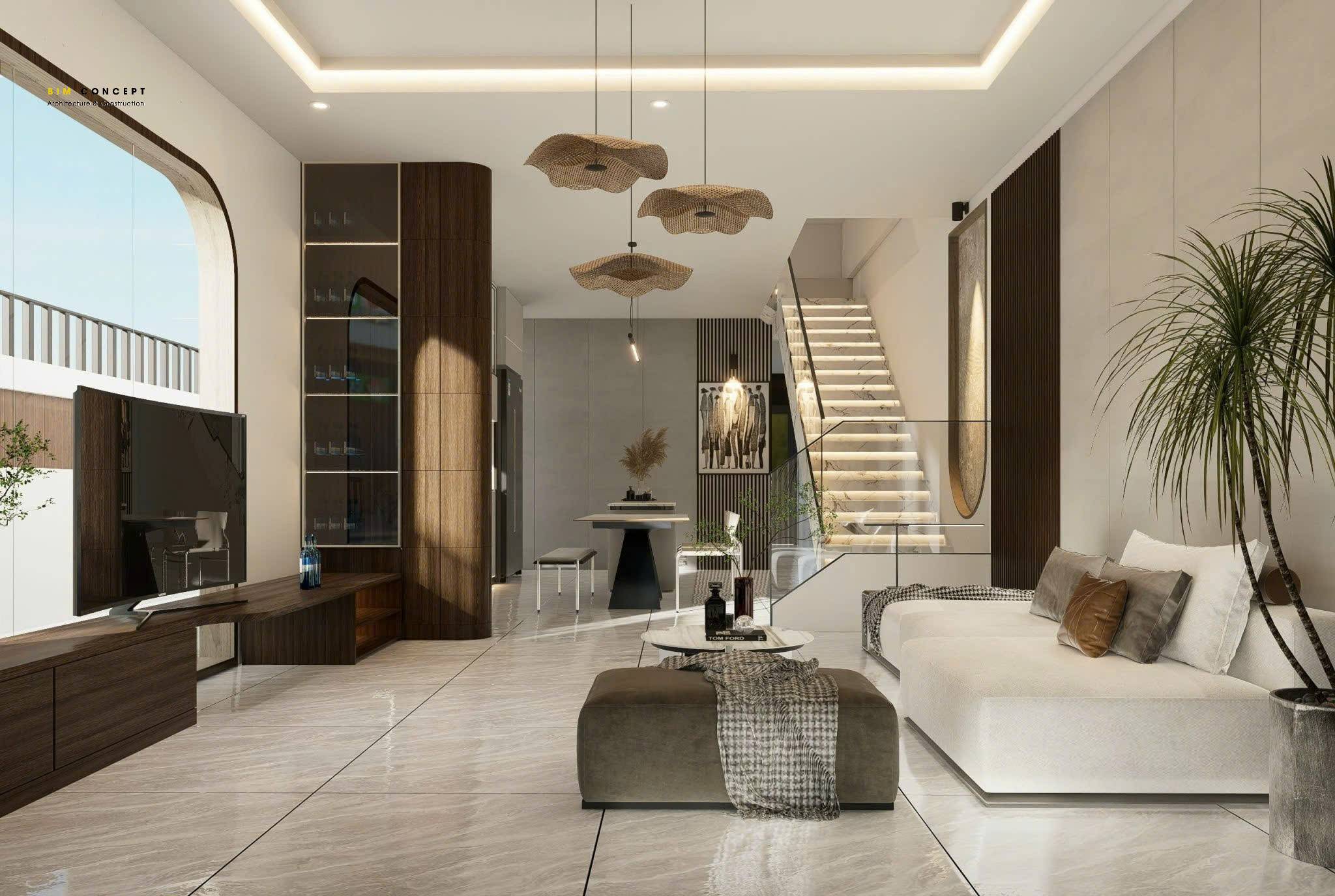 Nội thất nhà phố hiện đại với sofa trắng nổi bật