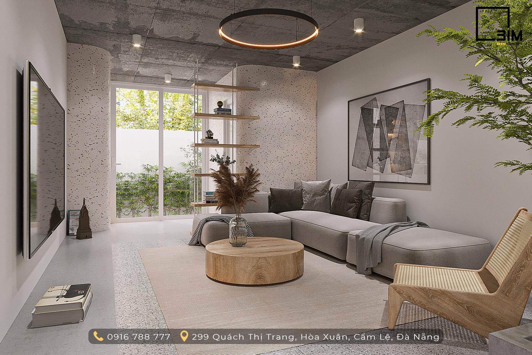 Nội thất phòng khách nhà cấp 4 gác lửng tối giản