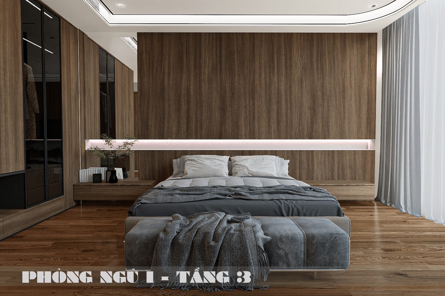 Nội thất phòng ngủ 01 với tông màu nâu ấm sang trọng