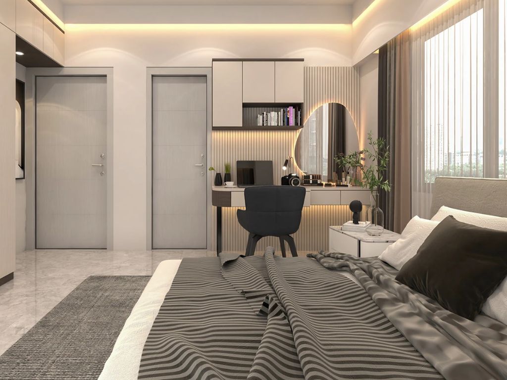 Nội thất phòng ngủ nhà ống với bàn trang điểm, khu vực làm việc