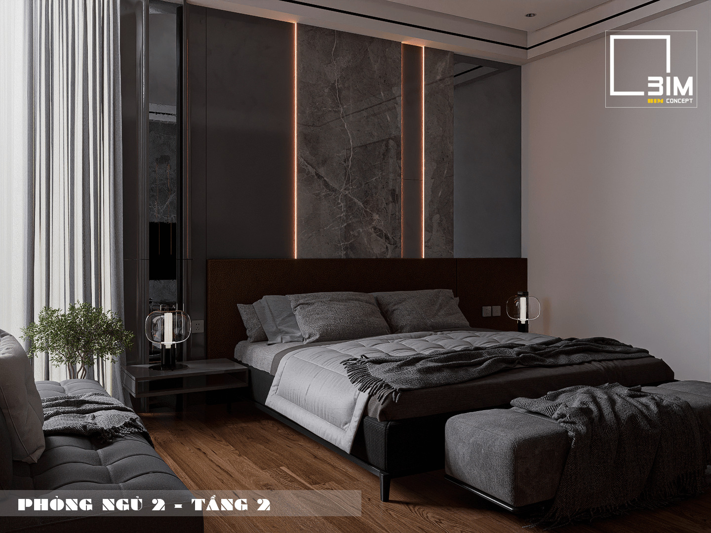 Ốp tường đầu giường với đá vân mây kết hợp kính sang trọng