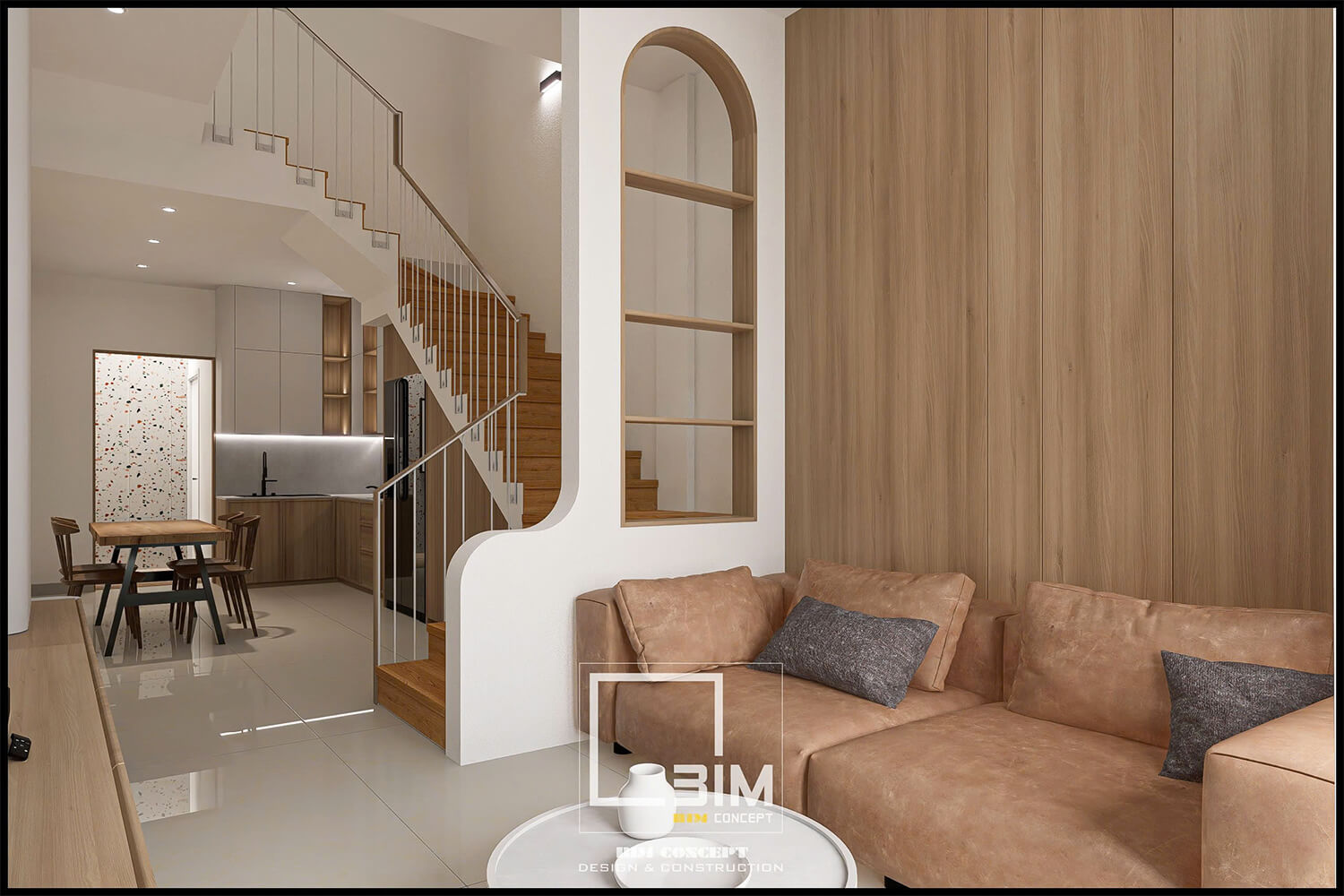 Phòng khách hiện đại với mảng tường ốp gỗ và sofa màu đất ấm cúng, tạo không gian thư giãn.