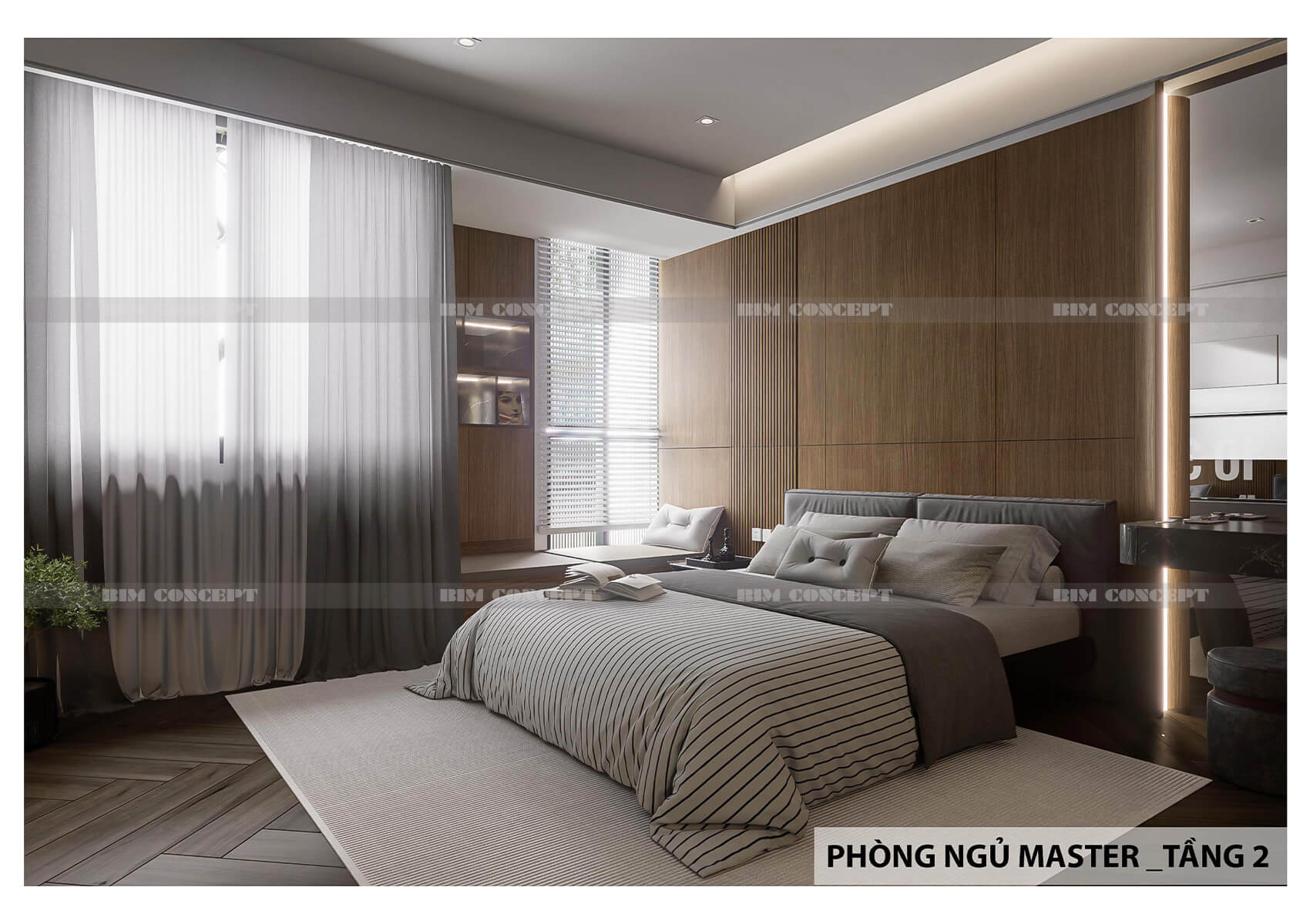 Phòng ngủ master sang trong tích hợp tủ kích và vách gỗ