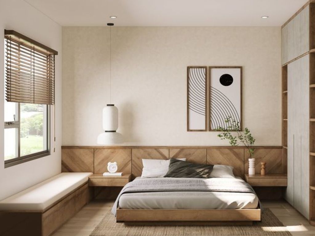 Phòng ngủ 14m2 decor tranh nghệ thuật đơn giản