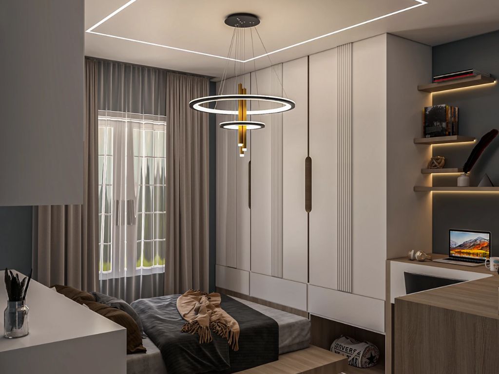 Phòng ngủ phong cách hiện đại tích hợp tủ quần áo âm tường