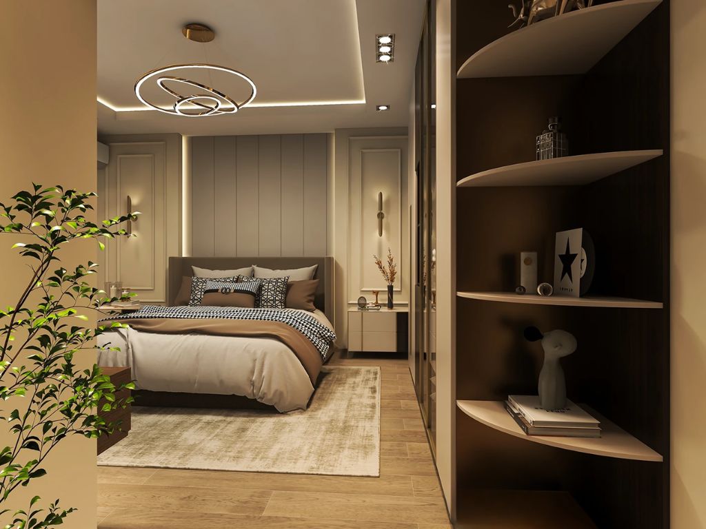 Phòng ngủ hiện đại với nội thất gỗ và ánh sáng vàng