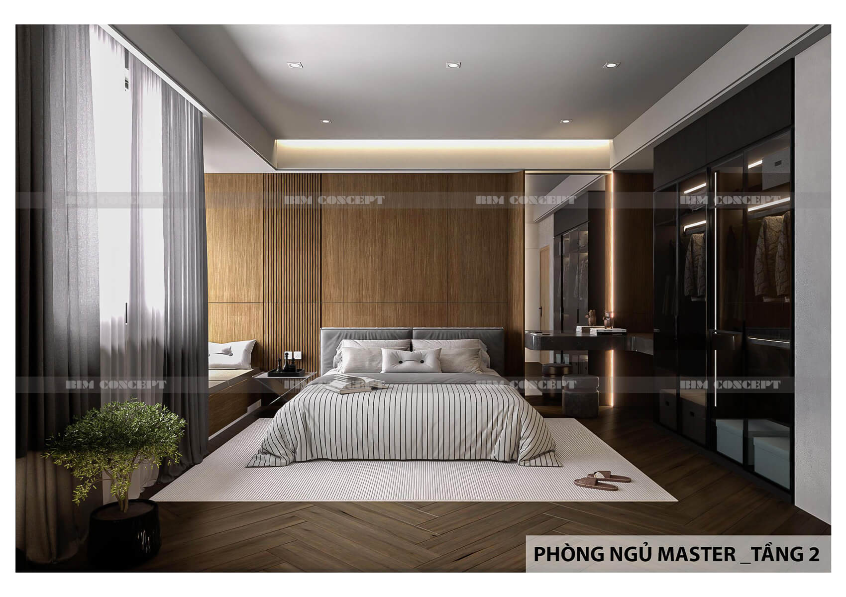 Góc nhìn tổng thể của phòng ngủ master sang trọng.