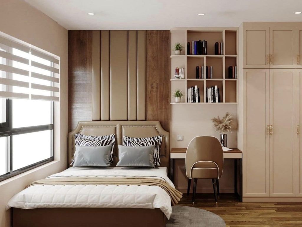 Thiết kế phòng ngủ có khung của sổ lớn, đón ánh sáng tự nhiên.