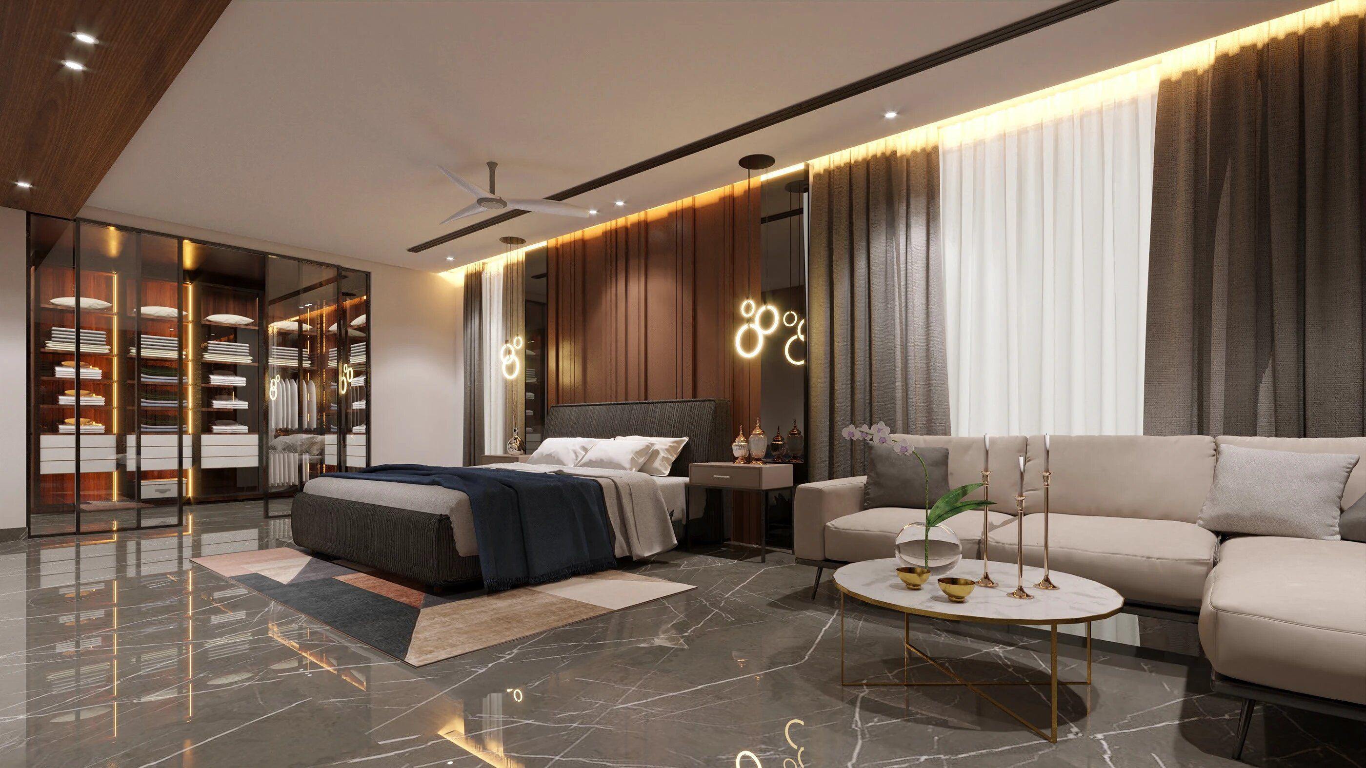 Phòng ngủ nâu tân cổ điển, lộng lẫy với đèn chùm và đầu giường bọc nệm.
