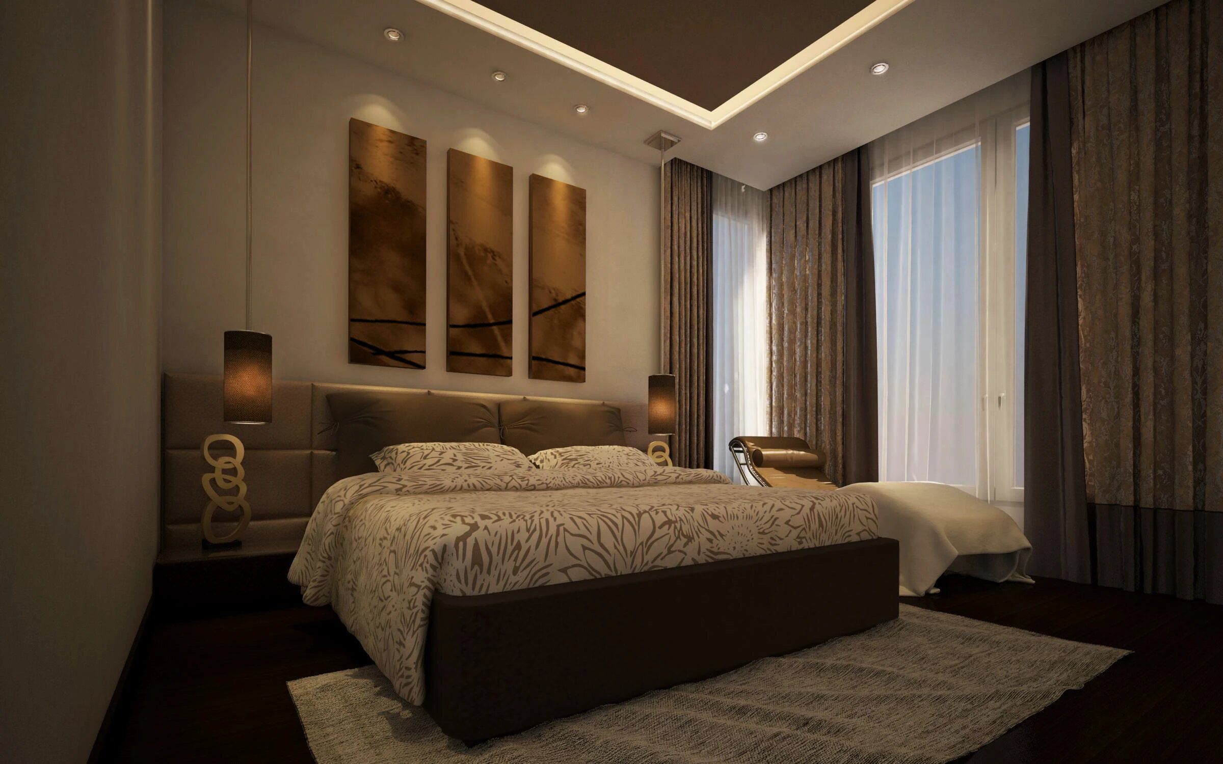 Phòng ngủ nâu ấm áp, lãng mạn với tranh nghệ thuật trừu tượng.