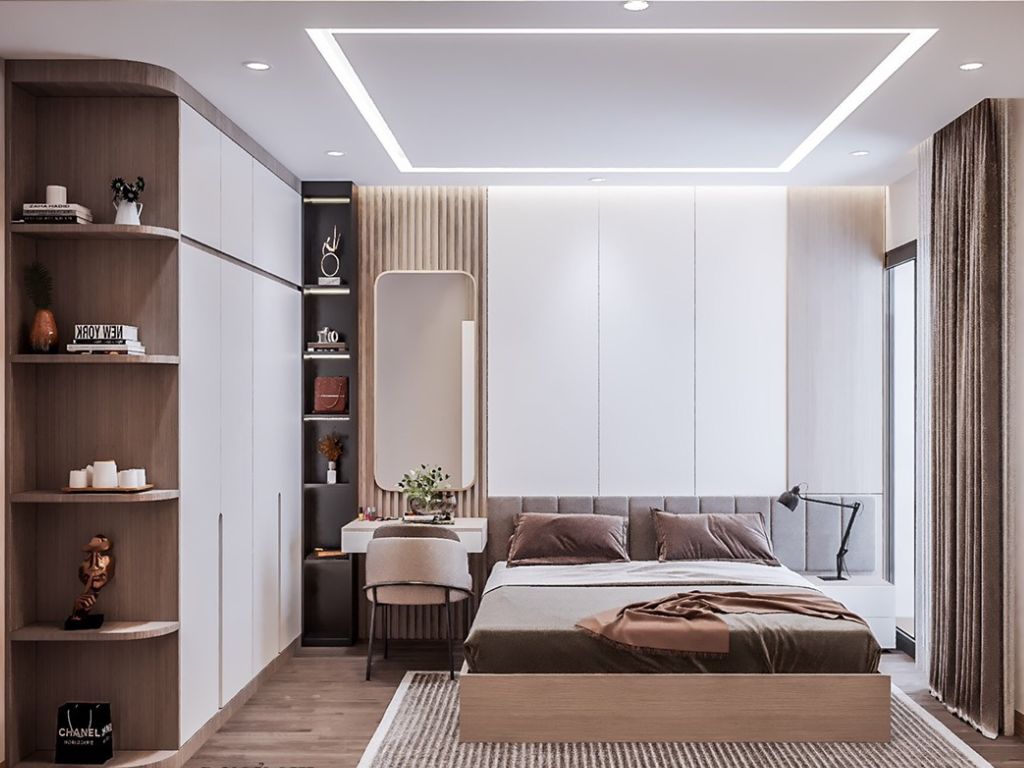 Phòng ngủ nhà ống sang trọng, tối giản với tủ quần áo âm tường và bàn trang điểm