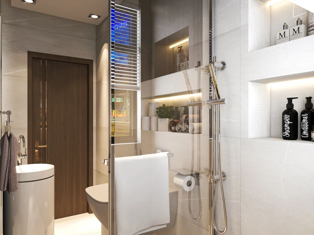 Phòng tắm nhỏ gọn và đầy đủ tiện nghi, ánh sáng tự nhiên