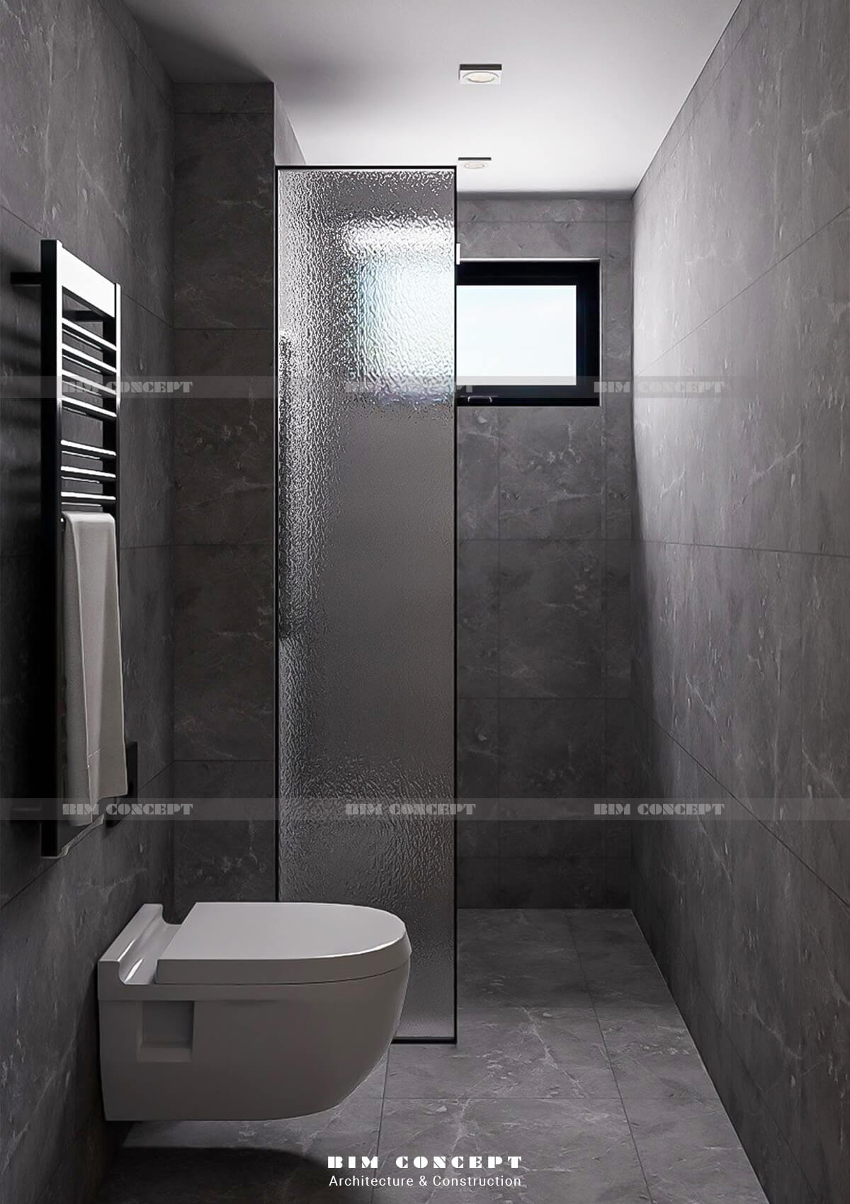 Phòng tắm tối giản với vách kính mờ, bồn cầu treo tường và tông màu xám chủ đạo.